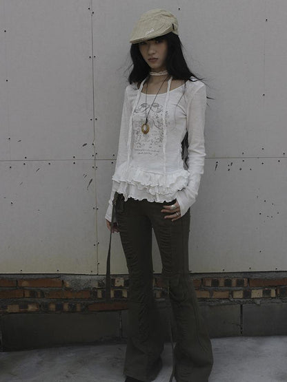 Updateang project Double Layer Floral Print Hem Ruffle Trim Long Sleeve Tee