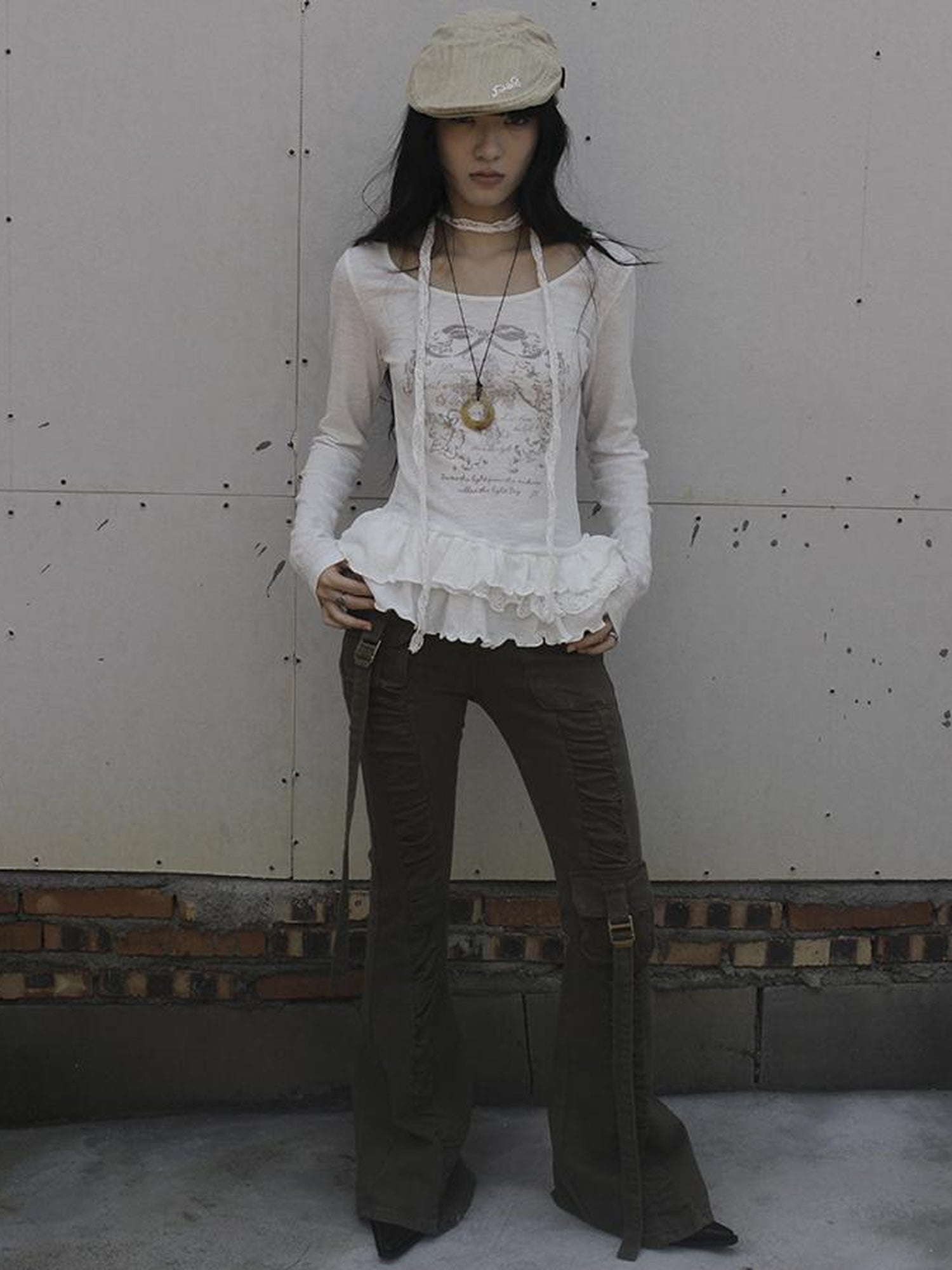 Updateang project Double Layer Floral Print Hem Ruffle Trim Long Sleeve Tee