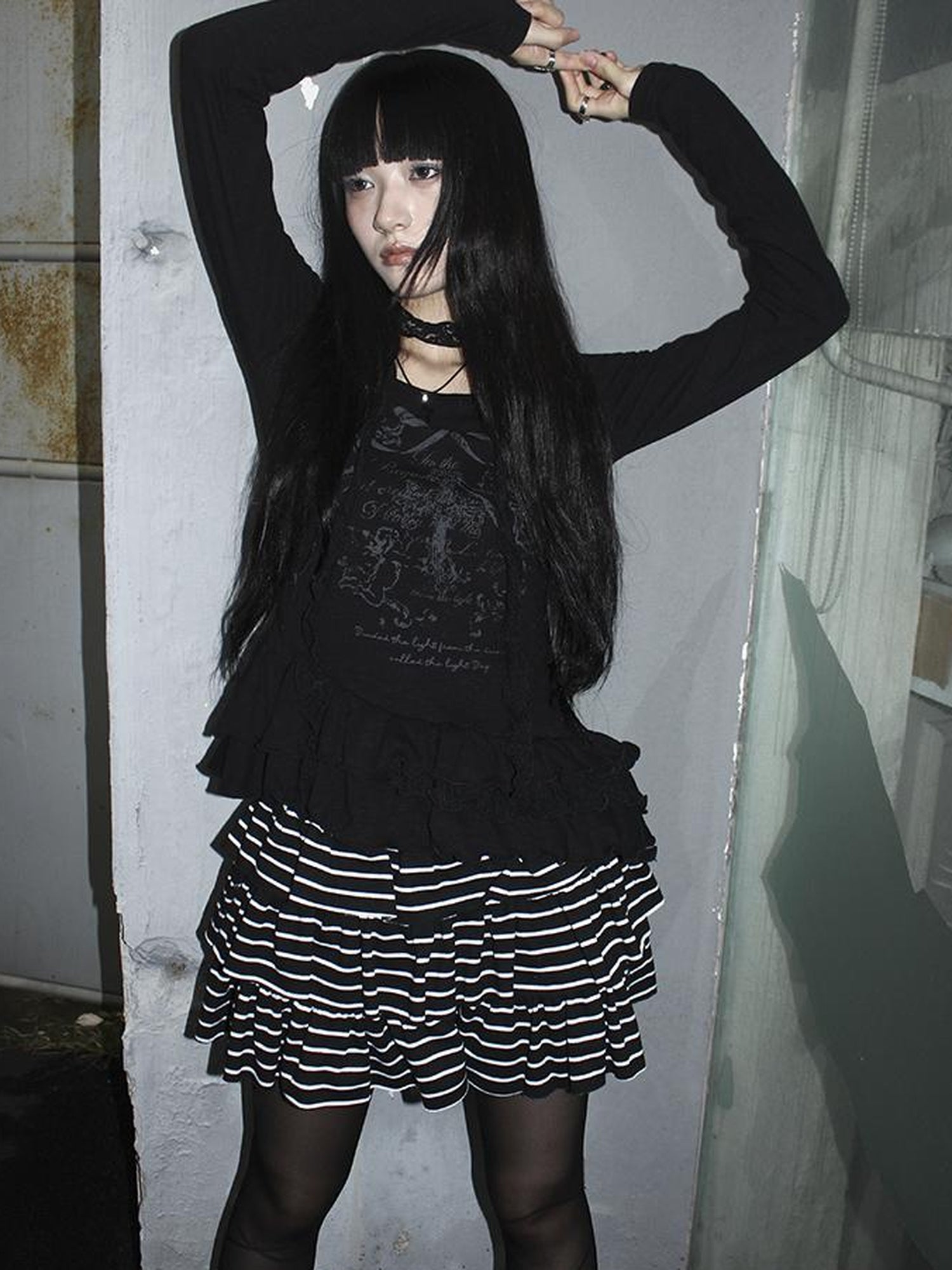Updateang project Double Layer Floral Print Hem Ruffle Trim Long Sleeve Tee