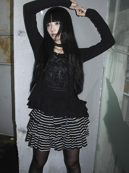 Updateang project Double Layer Floral Print Hem Ruffle Trim Long Sleeve Tee