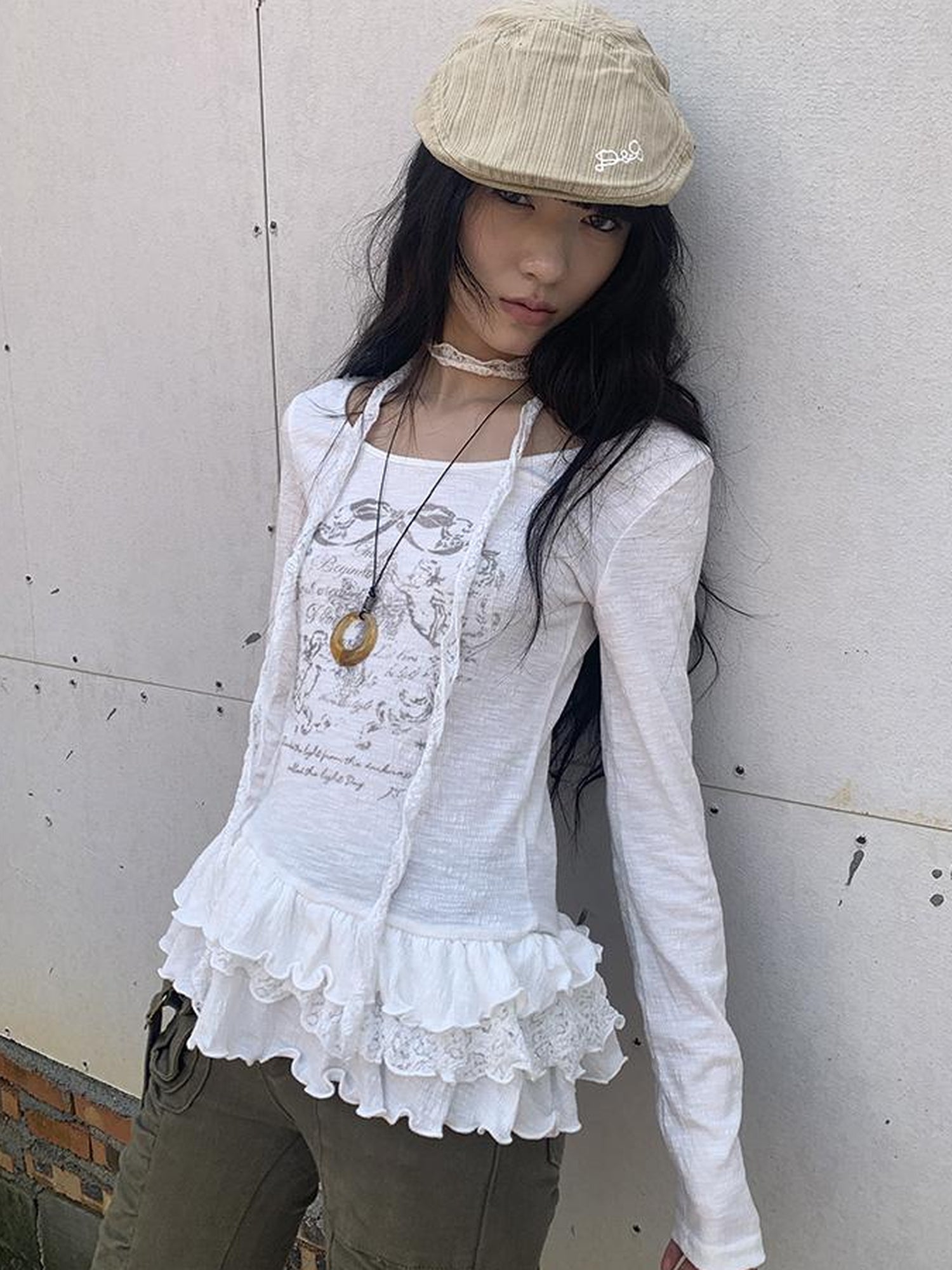 Updateang project Double Layer Floral Print Hem Ruffle Trim Long Sleeve Tee
