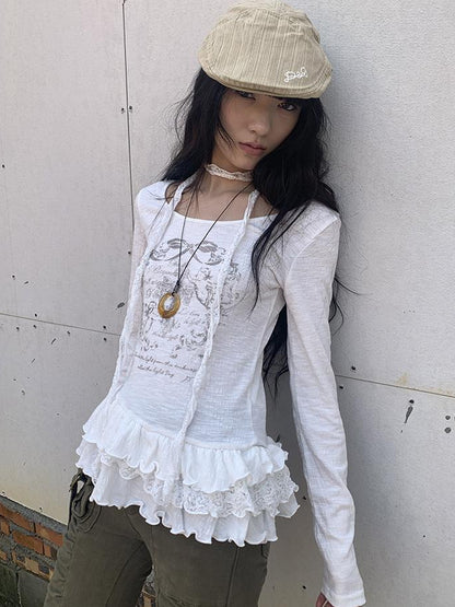 Updateang project Double Layer Floral Print Hem Ruffle Trim Long Sleeve Tee