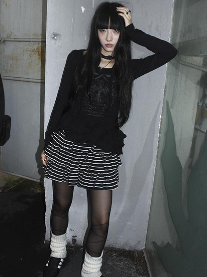 Updateang project Double Layer Floral Print Hem Ruffle Trim Long Sleeve Tee