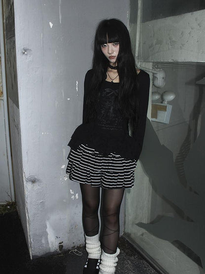 Updateang project Double Layer Floral Print Hem Ruffle Trim Long Sleeve Tee
