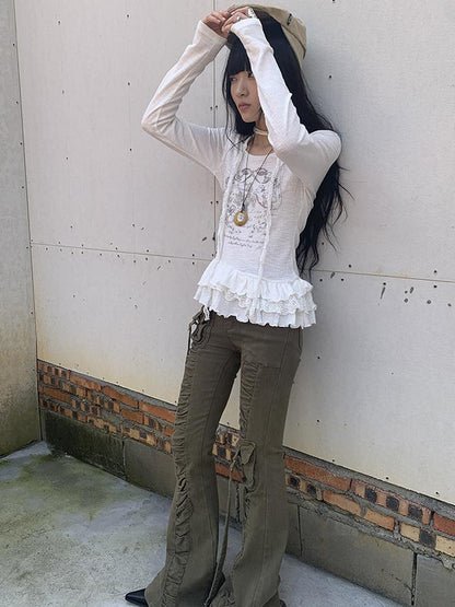 Updateang project Double Layer Floral Print Hem Ruffle Trim Long Sleeve Tee