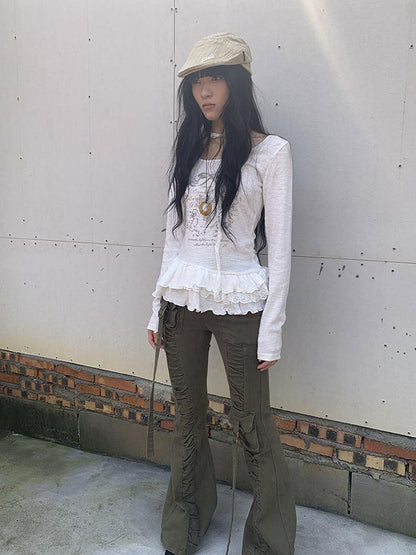 Updateang project Double Layer Floral Print Hem Ruffle Trim Long Sleeve Tee