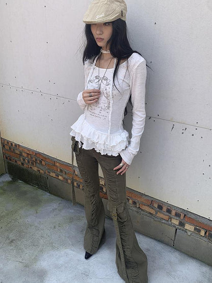 Updateang project Double Layer Floral Print Hem Ruffle Trim Long Sleeve Tee