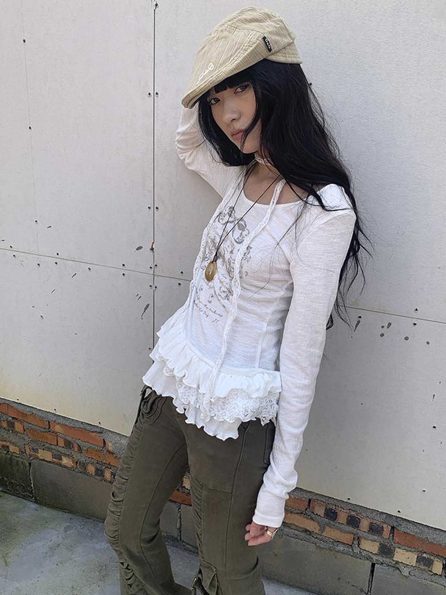 Updateang project Double Layer Floral Print Hem Ruffle Trim Long Sleeve Tee