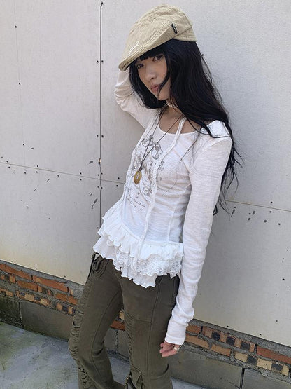 Updateang project Double Layer Floral Print Hem Ruffle Trim Long Sleeve Tee