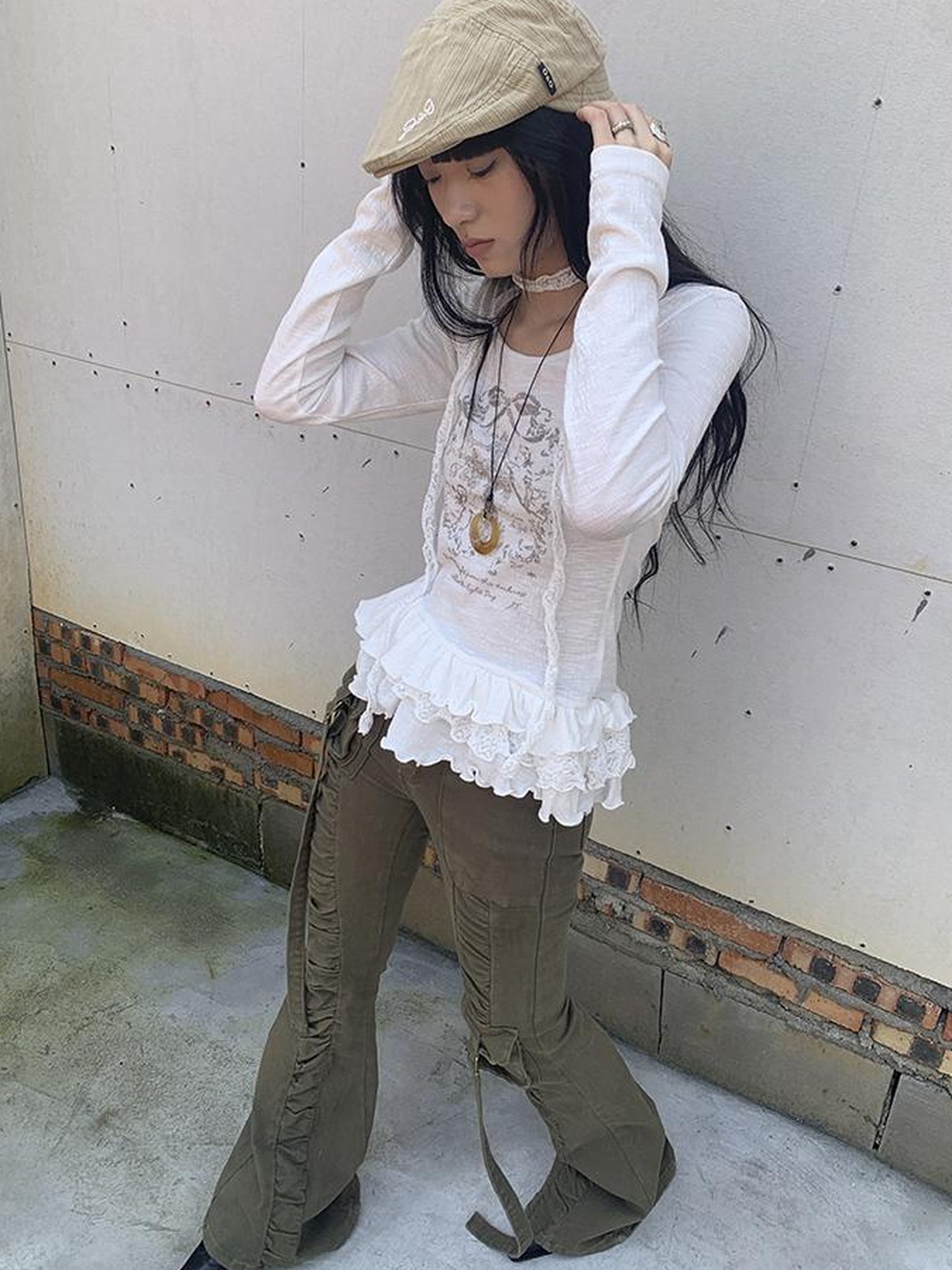 Updateang project Double Layer Floral Print Hem Ruffle Trim Long Sleeve Tee