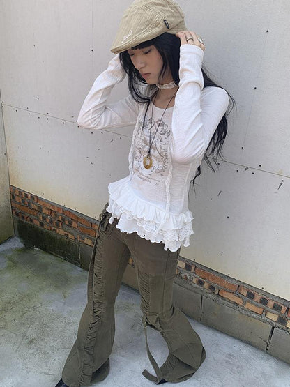 Updateang project Double Layer Floral Print Hem Ruffle Trim Long Sleeve Tee