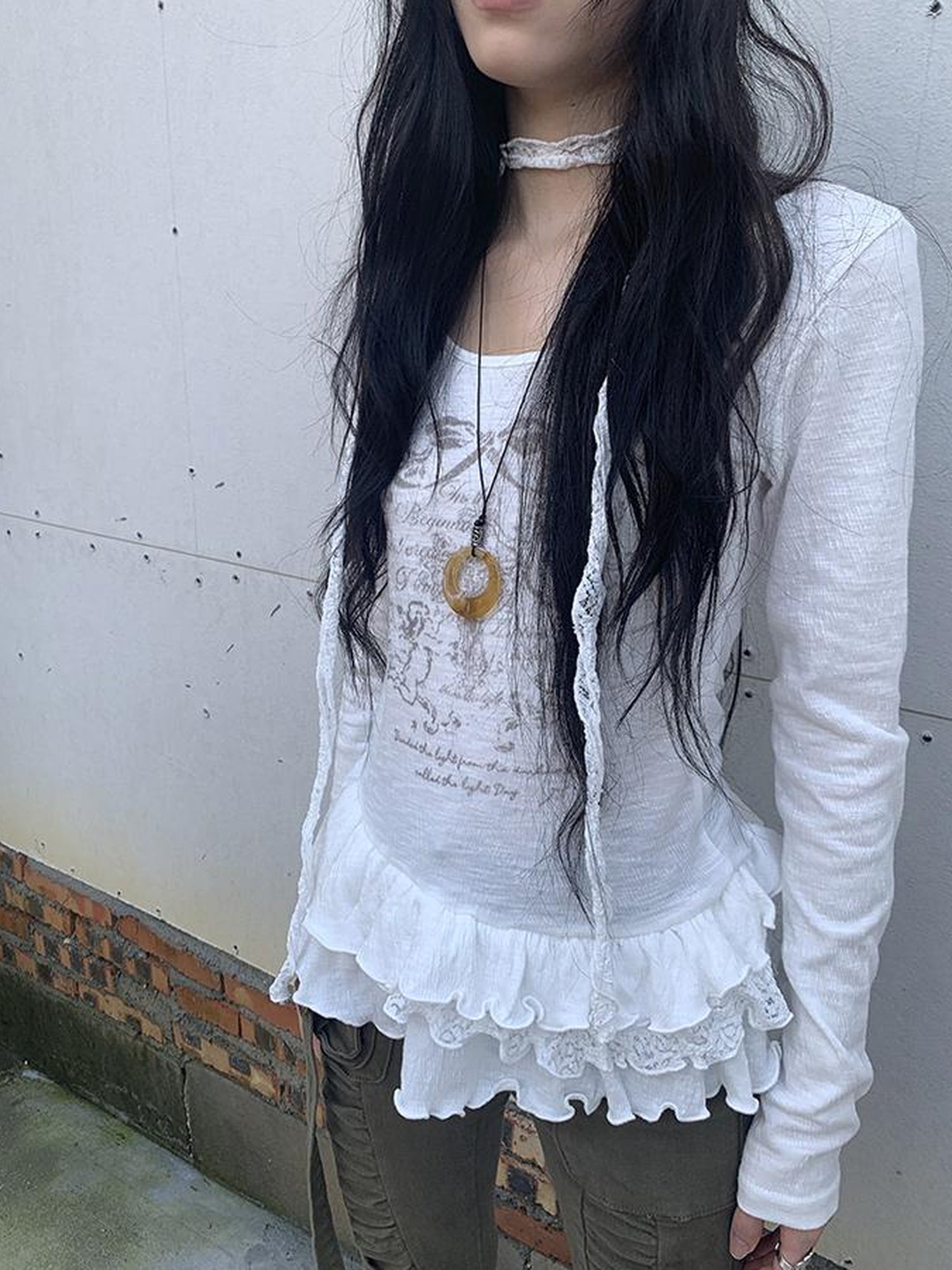 Updateang project Double Layer Floral Print Hem Ruffle Trim Long Sleeve Tee