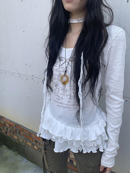Updateang project Double Layer Floral Print Hem Ruffle Trim Long Sleeve Tee
