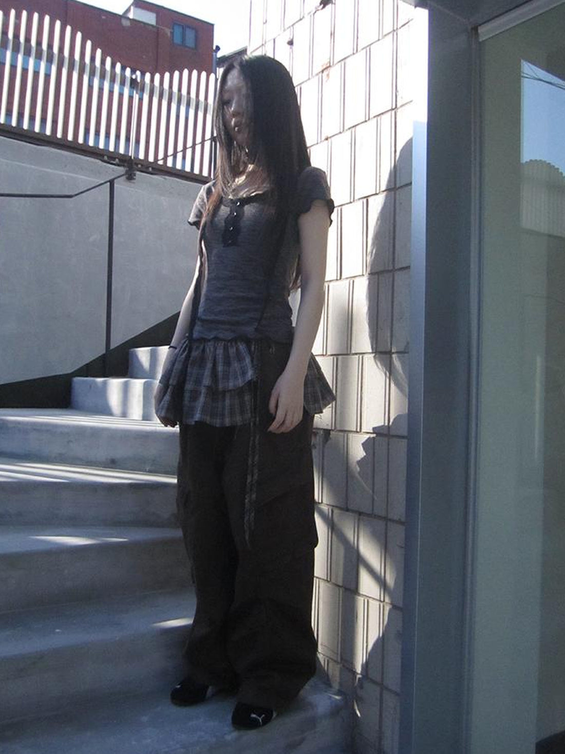 ang project Double Layer Grid Tie Front Layering Brown Plaid Hem Wrap Skirt