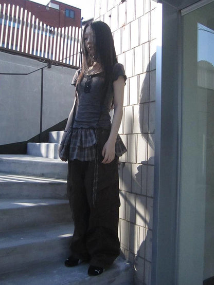 Double Layer Grid Tie Front Layering Brown Plaid Hem Wrap Skirt