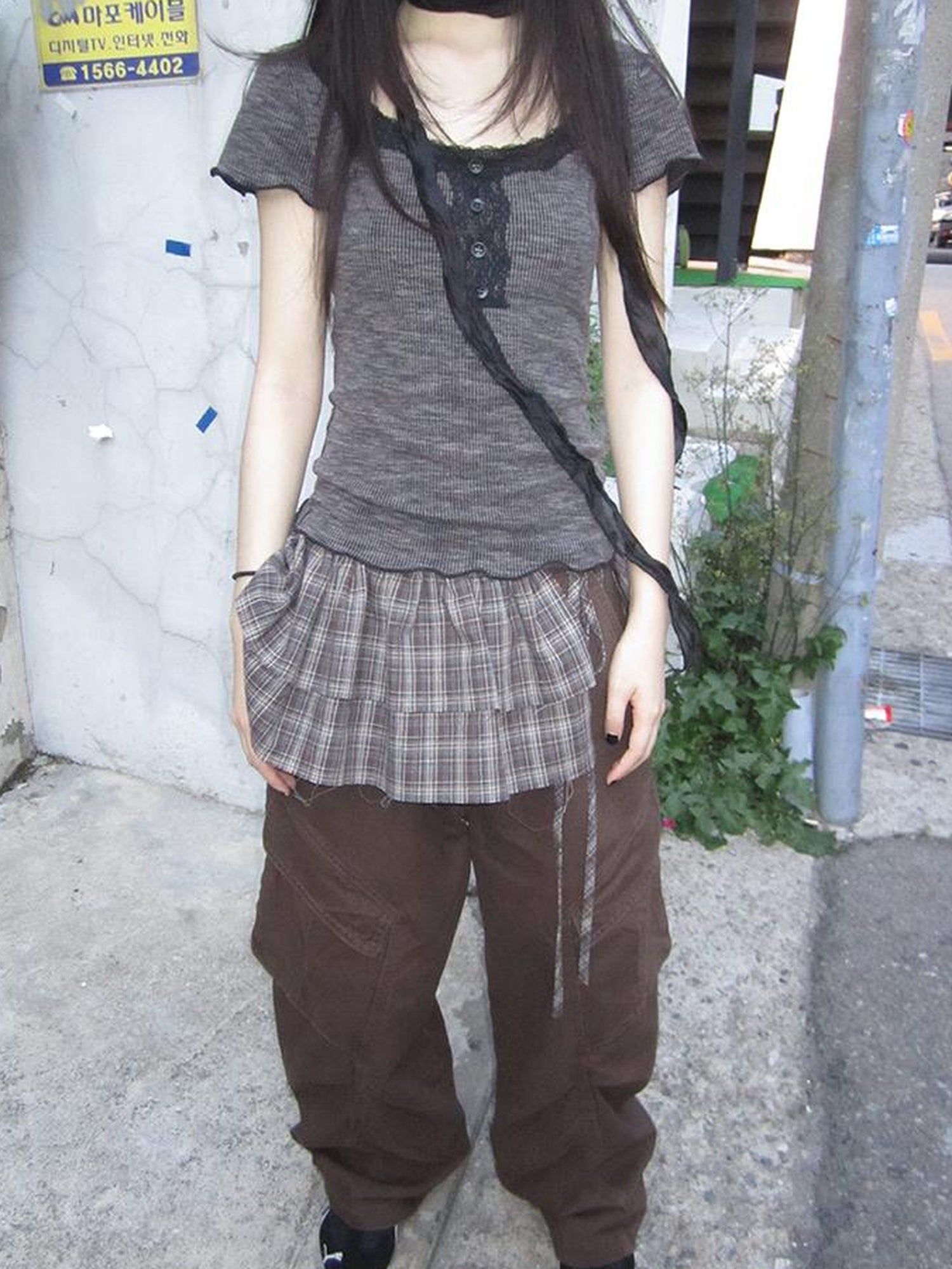 ang project Double Layer Grid Tie Front Layering Brown Plaid Hem Wrap Skirt