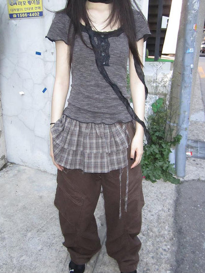 ang project Double Layer Grid Tie Front Layering Brown Plaid Hem Wrap Skirt