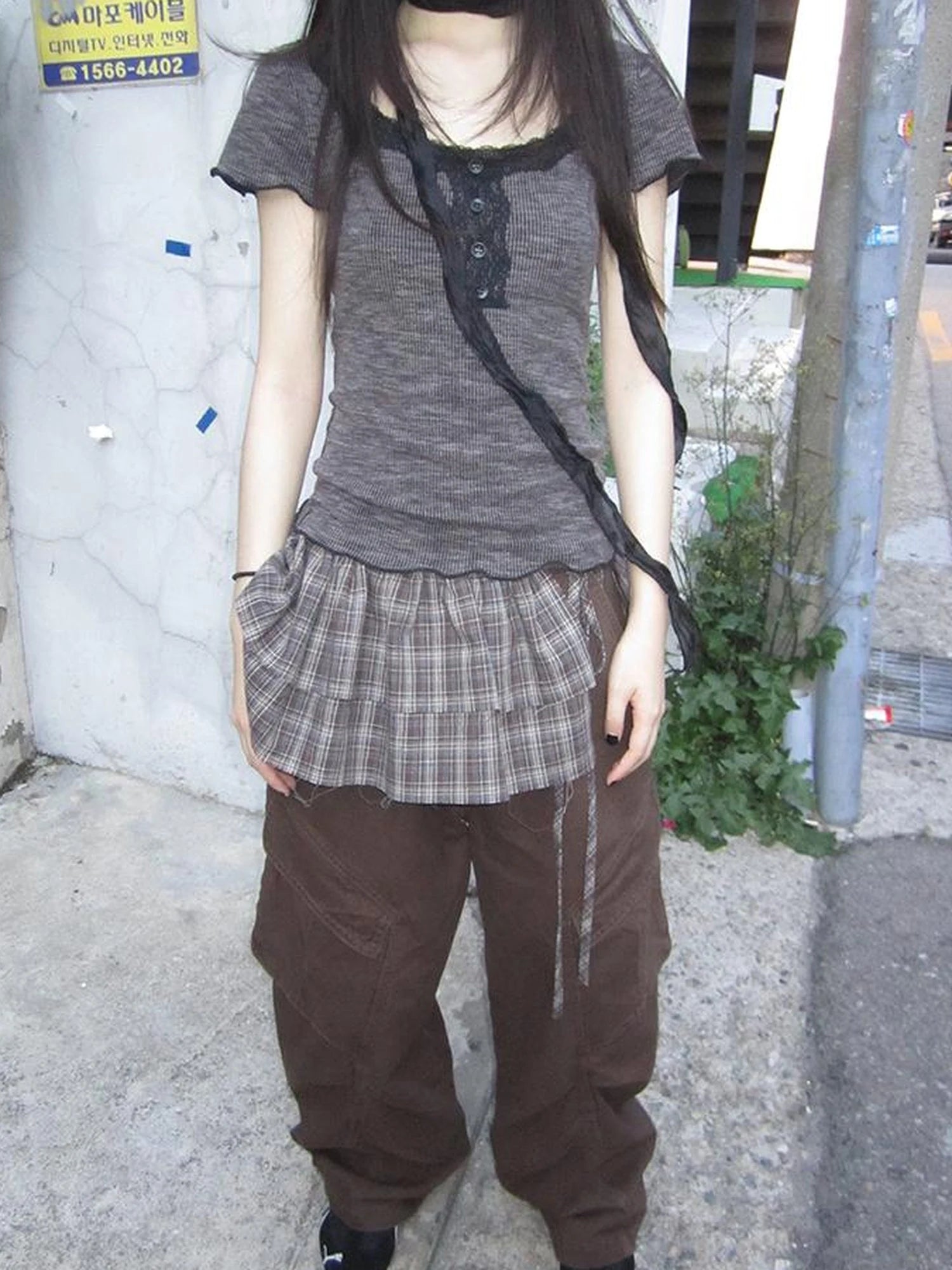 Double Layer Grid Tie Front Layering Brown Plaid Hem Wrap Skirt