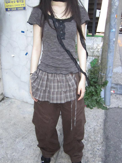 Double Layer Grid Tie Front Layering Brown Plaid Hem Wrap Skirt