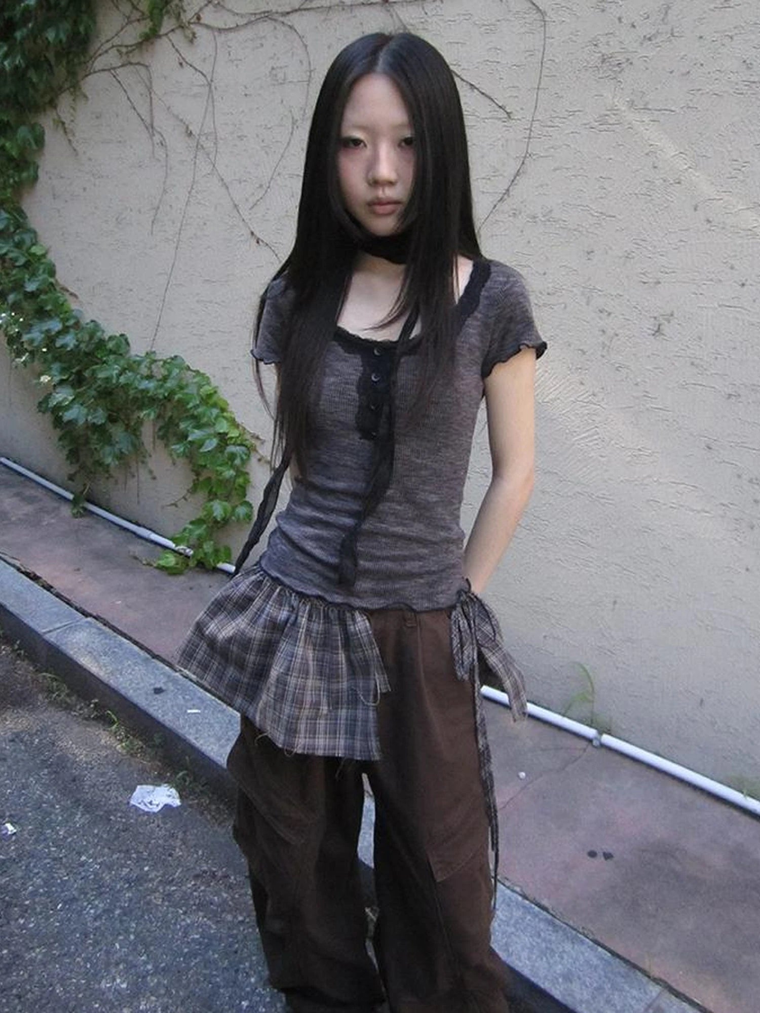 Double Layer Grid Tie Front Layering Brown Plaid Hem Wrap Skirt