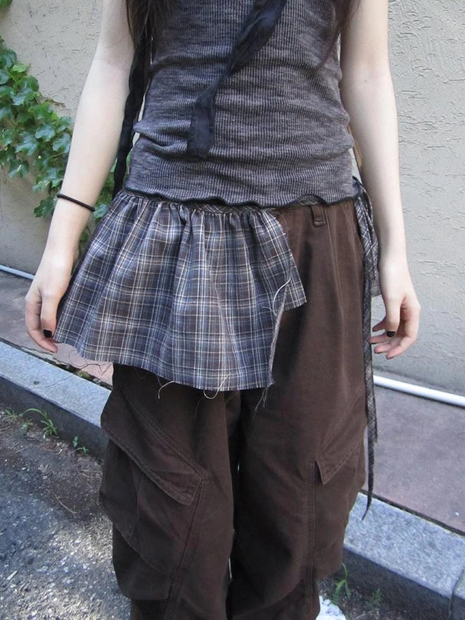 Double Layer Grid Tie Front Layering Brown Plaid Hem Wrap Skirt