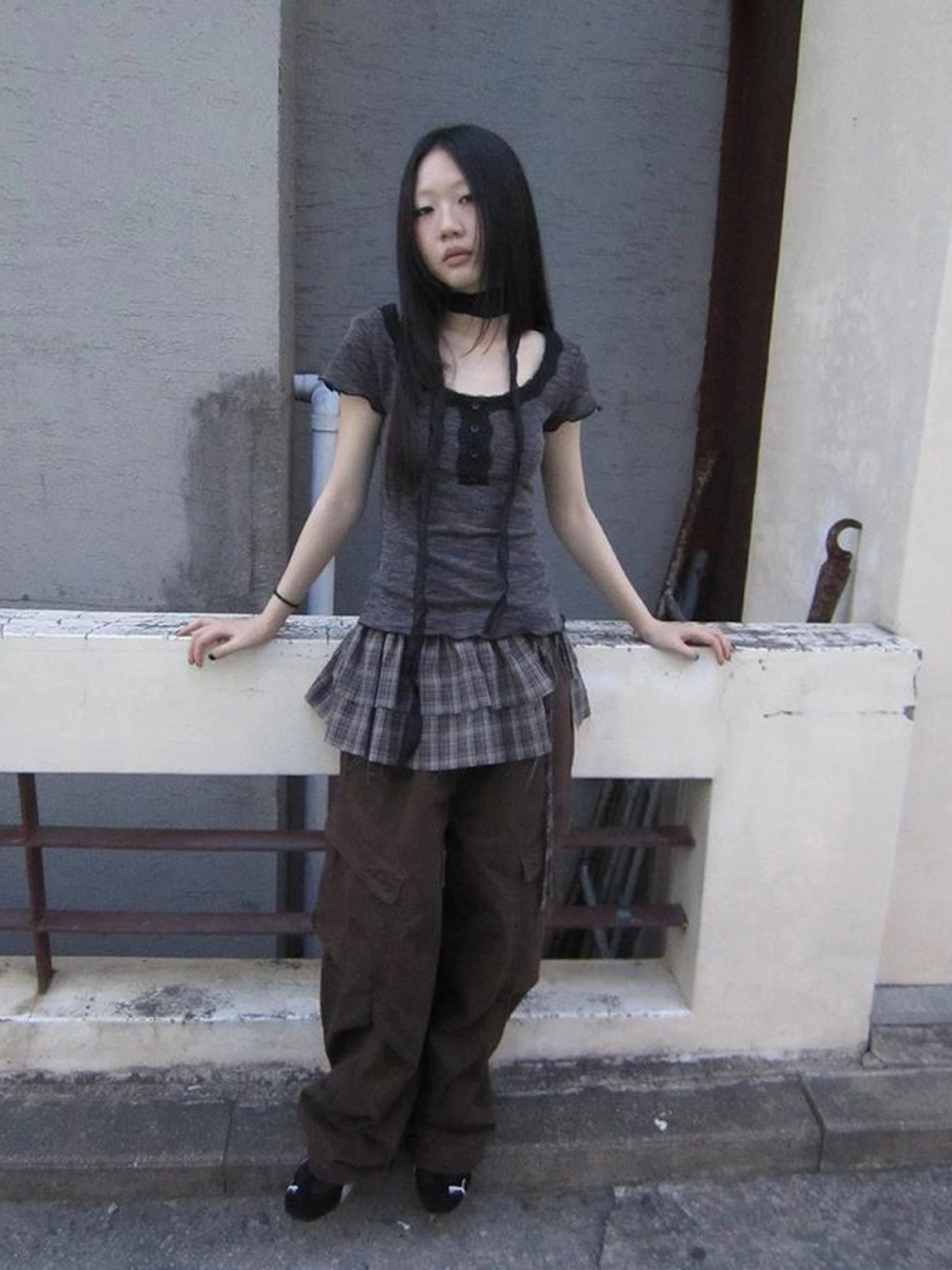 Double Layer Grid Tie Front Layering Brown Plaid Hem Wrap Skirt