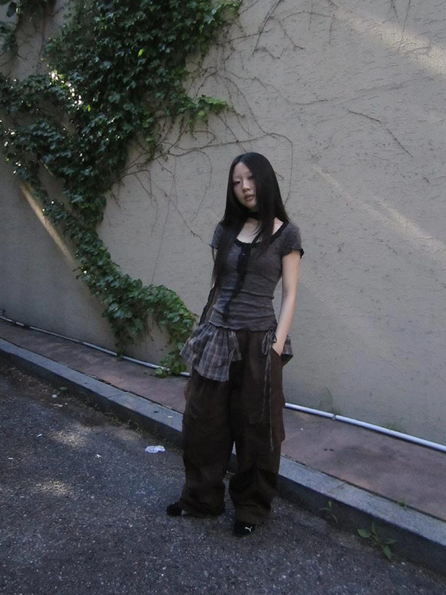 Double Layer Grid Tie Front Layering Brown Plaid Hem Wrap Skirt