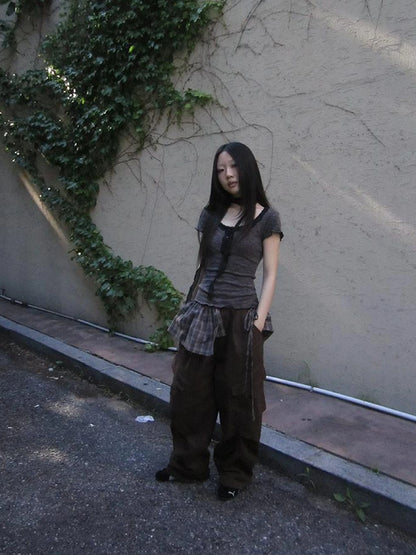 Double Layer Grid Tie Front Layering Brown Plaid Hem Wrap Skirt