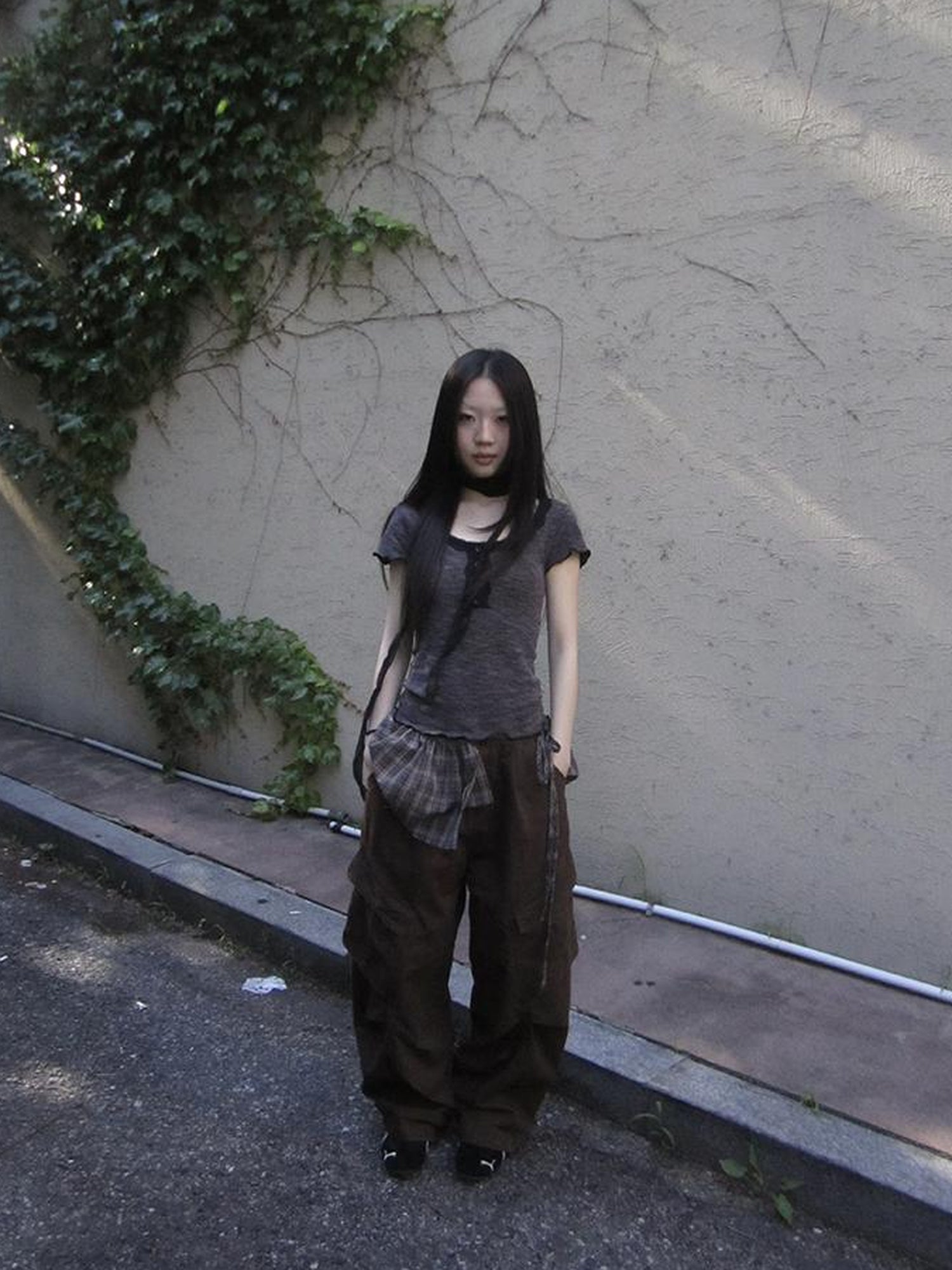 ang project Double Layer Grid Tie Front Layering Brown Plaid Hem Wrap Skirt