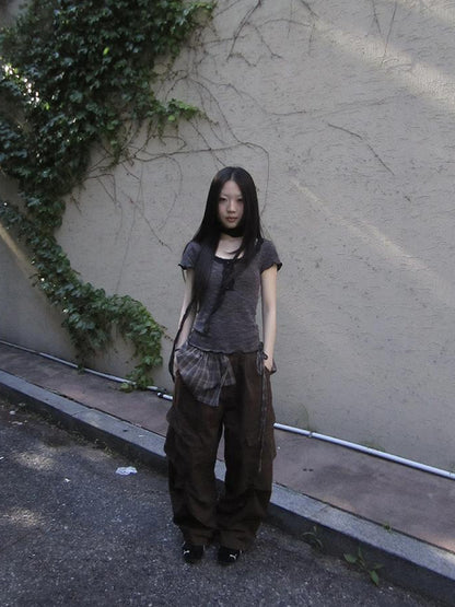 ang project Double Layer Grid Tie Front Layering Brown Plaid Hem Wrap Skirt