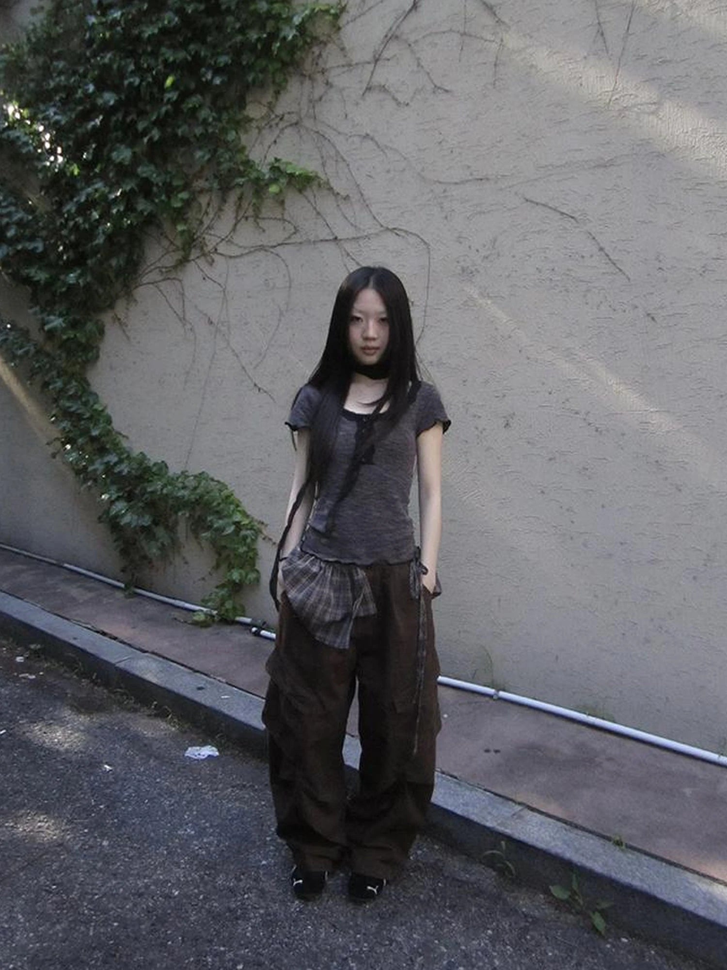 Double Layer Grid Tie Front Layering Brown Plaid Hem Wrap Skirt