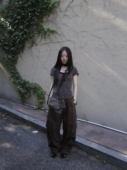 Double Layer Grid Tie Front Layering Brown Plaid Hem Wrap Skirt