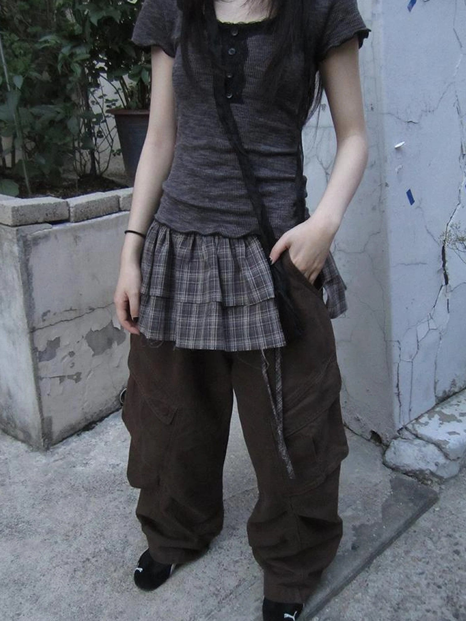 Double Layer Grid Tie Front Layering Brown Plaid Hem Wrap Skirt