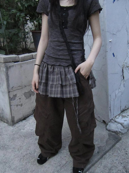 Double Layer Grid Tie Front Layering Brown Plaid Hem Wrap Skirt