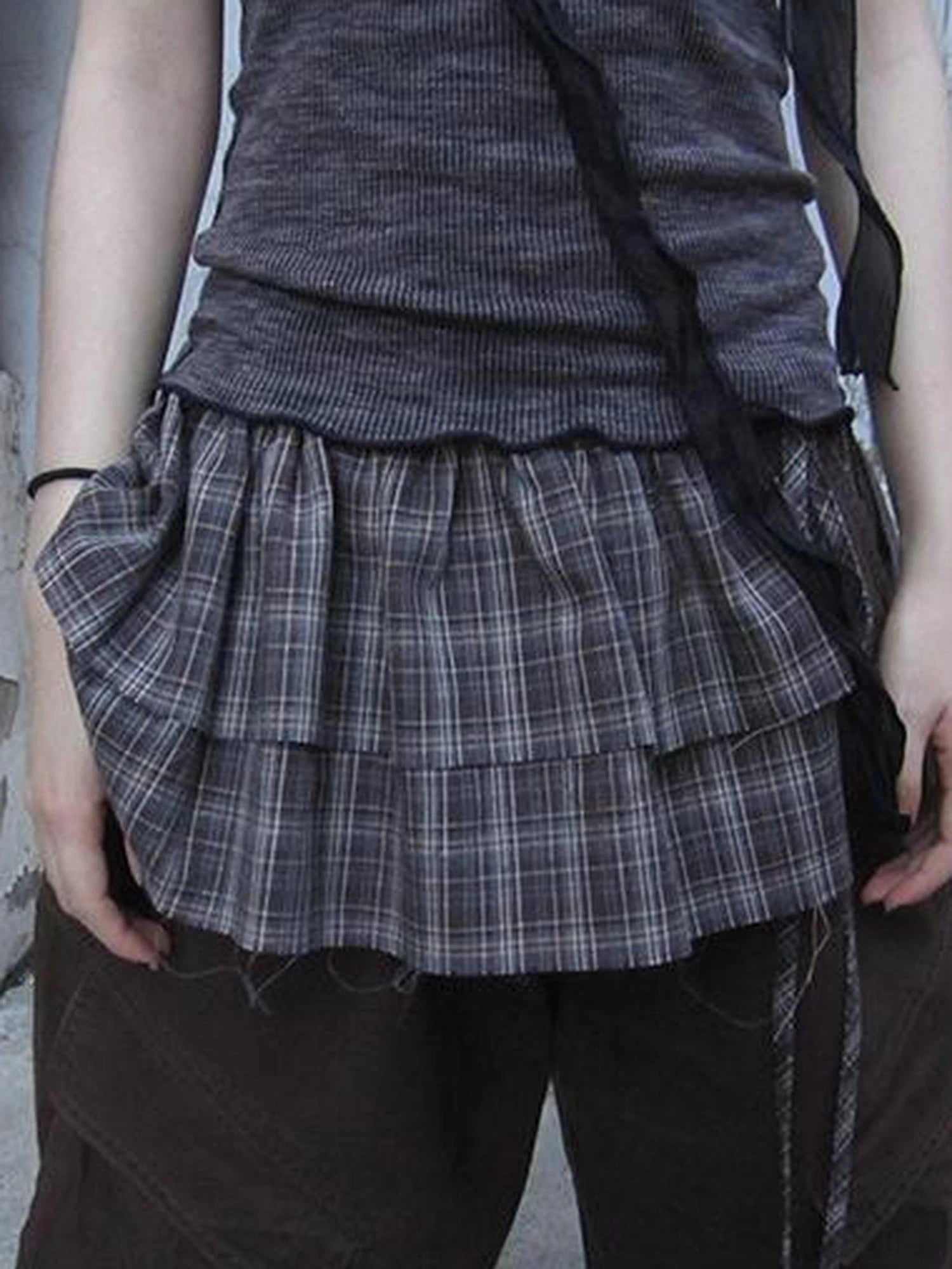Double Layer Grid Tie Front Layering Brown Plaid Hem Wrap Skirt
