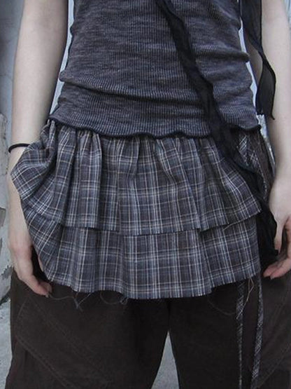 Double Layer Grid Tie Front Layering Brown Plaid Hem Wrap Skirt