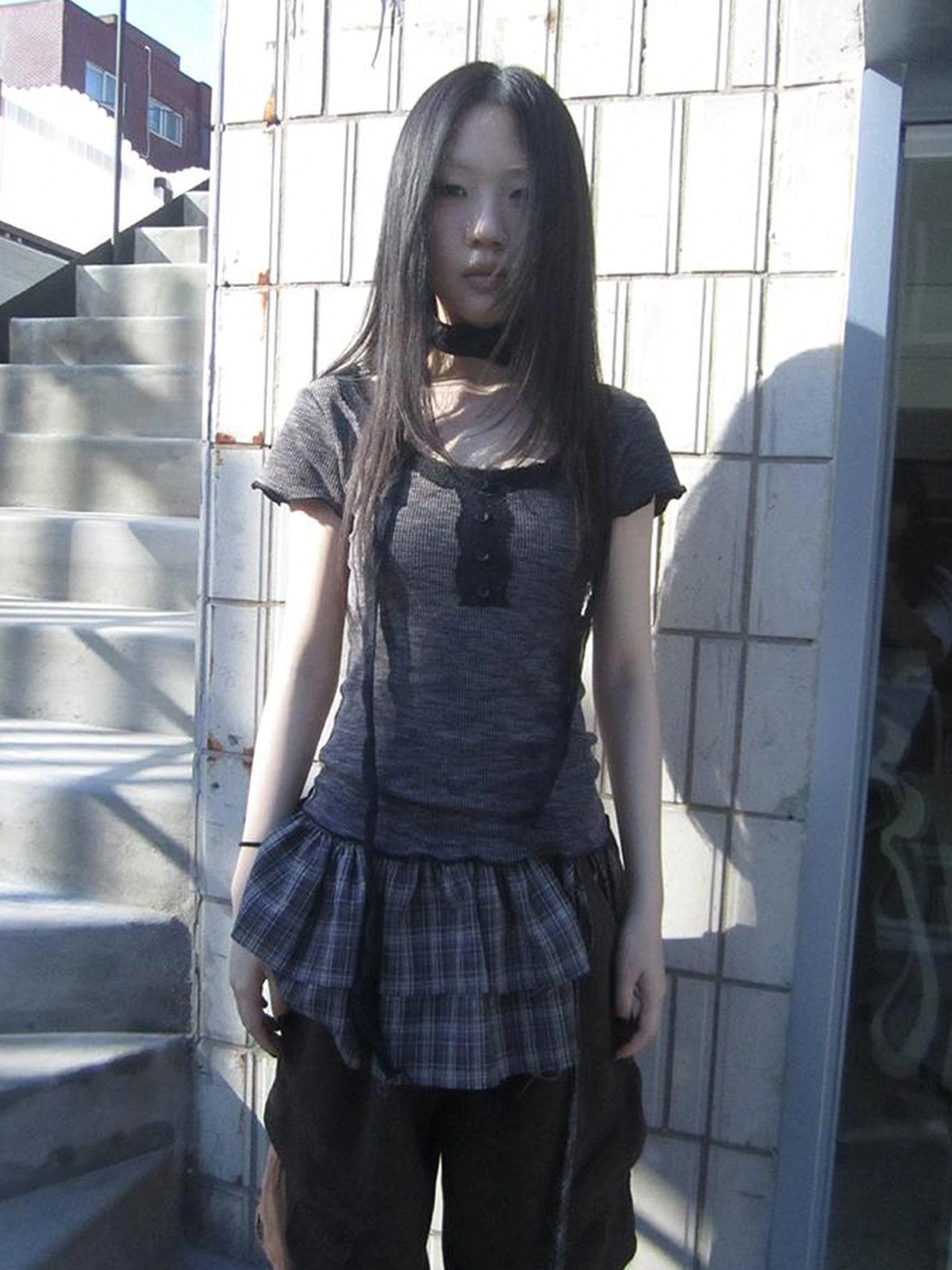 Double Layer Grid Tie Front Layering Brown Plaid Hem Wrap Skirt