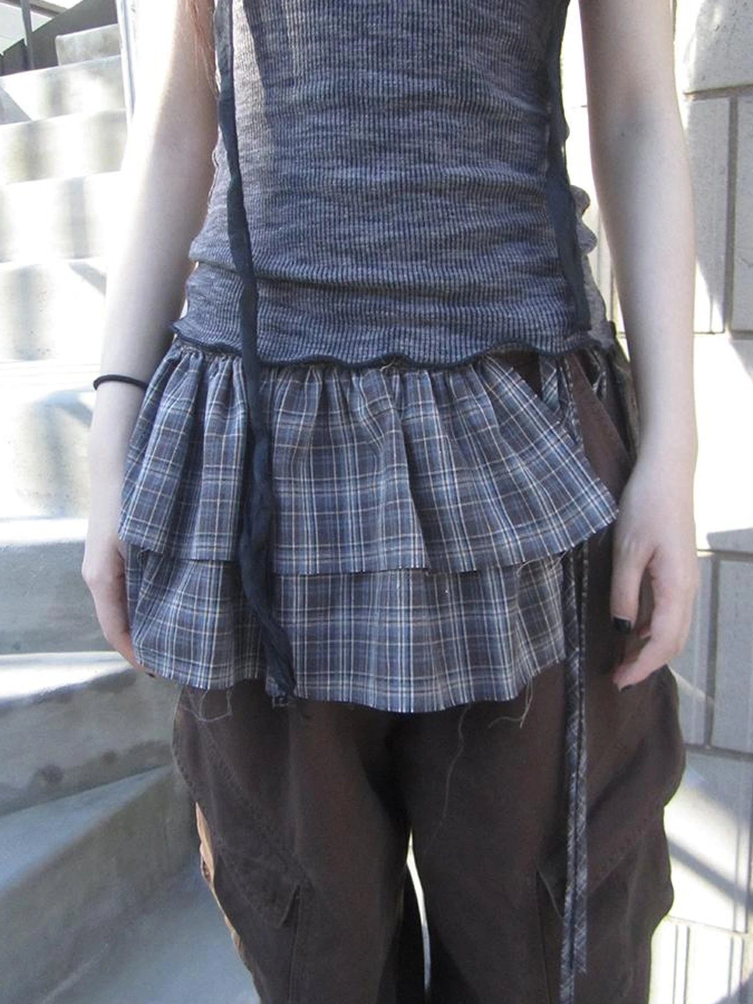 Double Layer Grid Tie Front Layering Brown Plaid Hem Wrap Skirt