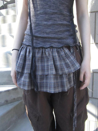 Double Layer Grid Tie Front Layering Brown Plaid Hem Wrap Skirt