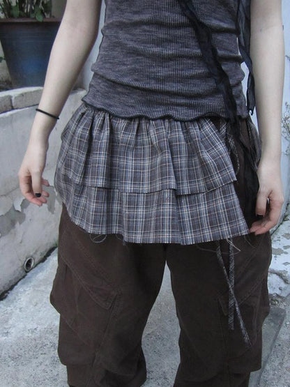 Double Layer Grid Tie Front Layering Brown Plaid Hem Wrap Skirt