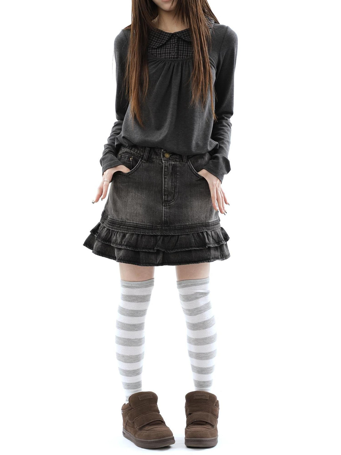 ang project Double Layer Ruffle Patchwork Distressed High Waist Zipper Women&