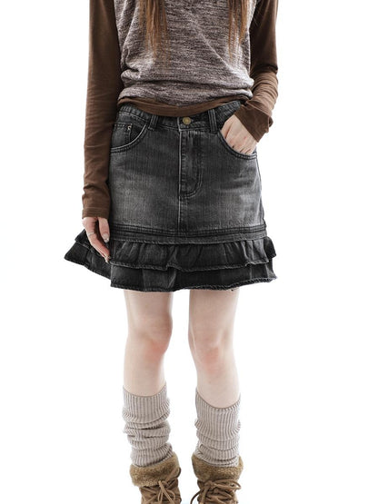 ang project Double Layer Ruffle Patchwork Distressed High Waist Zipper Women&