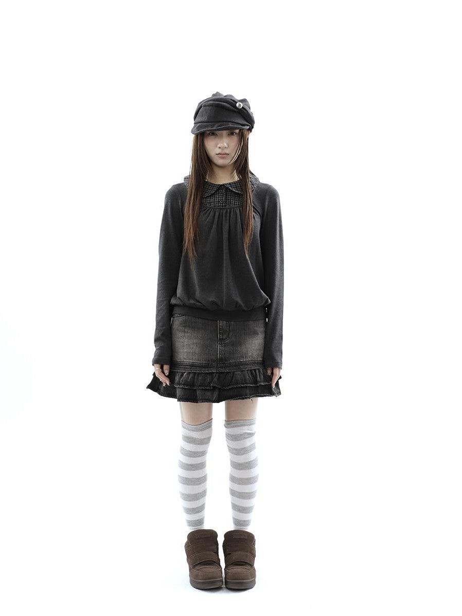 ang project Double Layer Ruffle Patchwork Distressed High Waist Zipper Women&