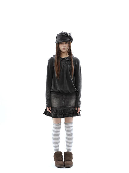 ang project Double Layer Ruffle Patchwork Distressed High Waist Zipper Women&