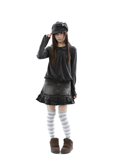 ang project Double Layer Ruffle Patchwork Distressed High Waist Zipper Women&