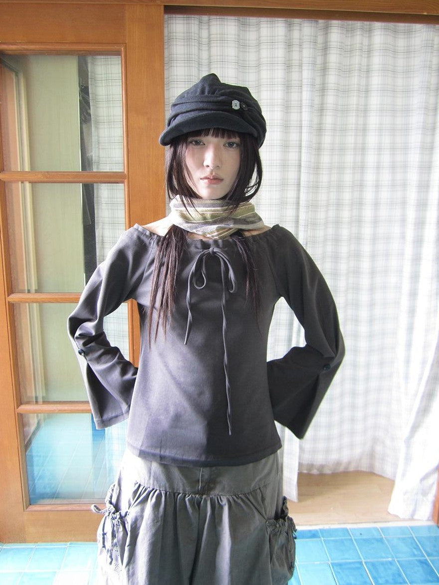 ang project Drawstring Flared Sleeve Off Shoulder Cropped Women&