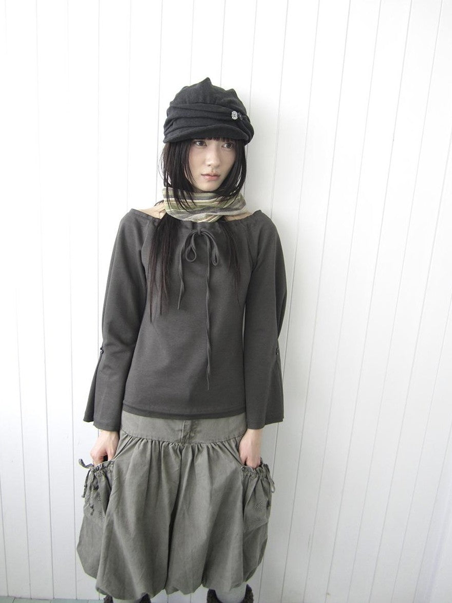 ang project Drawstring Flared Sleeve Off Shoulder Cropped Women&