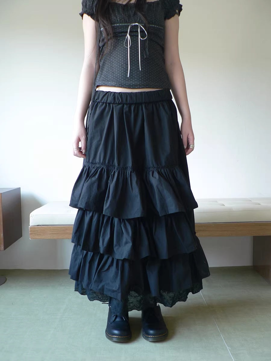 ang_project_Elastic_Waist_Lace_Patchwork_Korean_Cake_Women_Students_Black_White_Maxi_Skirt_MISSTT
