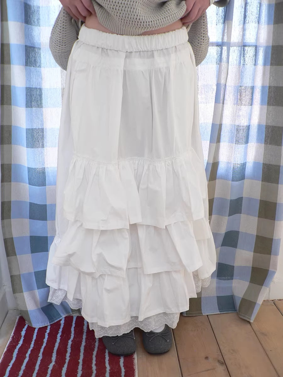 ang_project_Elastic_Waist_Lace_Patchwork_Korean_Cake_Women_Students_Black_White_Maxi_Skirt_MISSTT