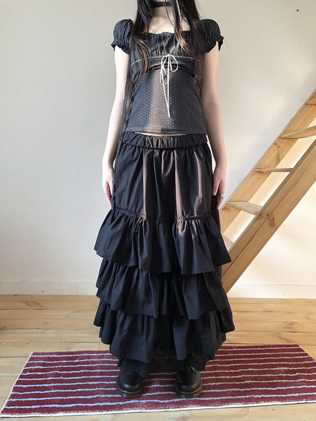 ang project Elastic Waist Lace Patchwork Korean Cake Women Students Black White Maxi Skirt